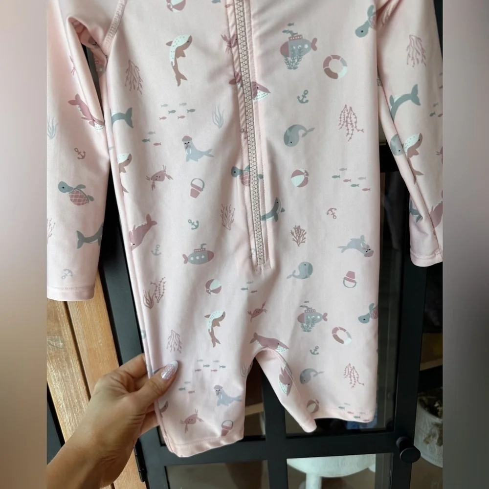 H&M rashguard one piece swimsuit romper long sleeve toddler pool zipper set hat